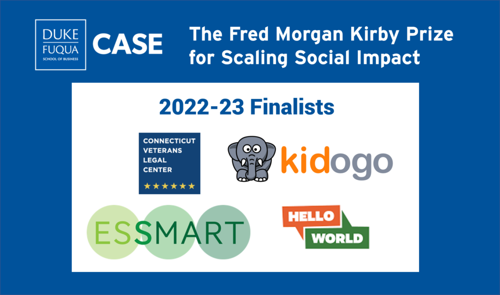 Logos of 2022-2023 Kirby Prize for Scaling Social Impact finalists.
Connecticut Veterans Legal Center logo is a blue box with white text, six gold stars at the bottom of the blue box.
Kidogo logo is cartoon elephant drawing with text "Kidogo" to the right.
Essmart logo has three circles in a green gradient color scheme. On top of the circles is the name Essmart in the same gradient.
Hello World logo is two speech bubbles, one orange angled down with the world "Hello" inside and the other green angled up with the word "World" inside.